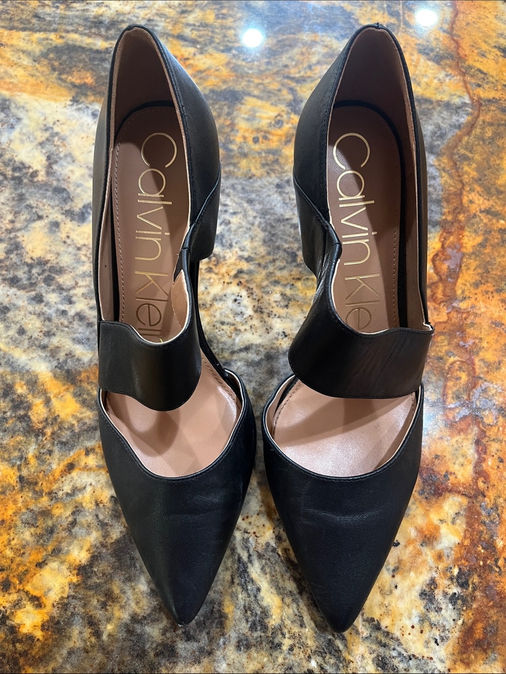 Calvin Klein matte Black Pointed Toe elastic Cutout Strap Pumps worn once